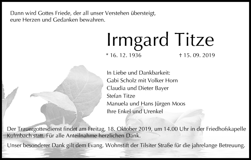  Traueranzeige für Irmgard Titze vom 15.10.2019 aus MGO