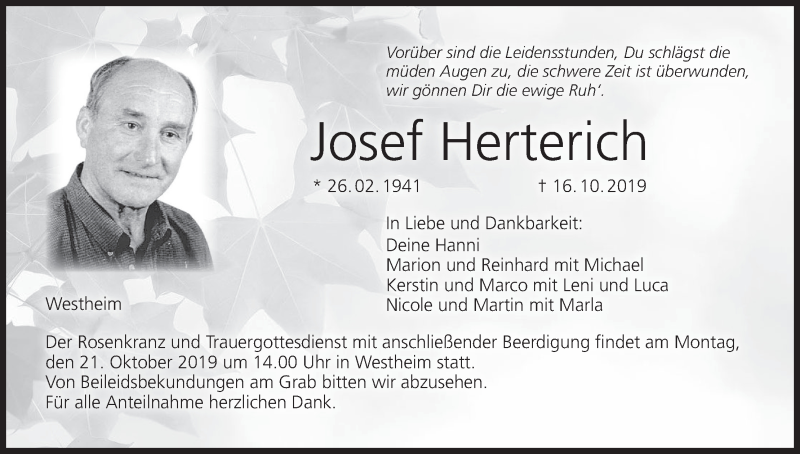  Traueranzeige für Josef Herterich vom 19.10.2019 aus MGO
