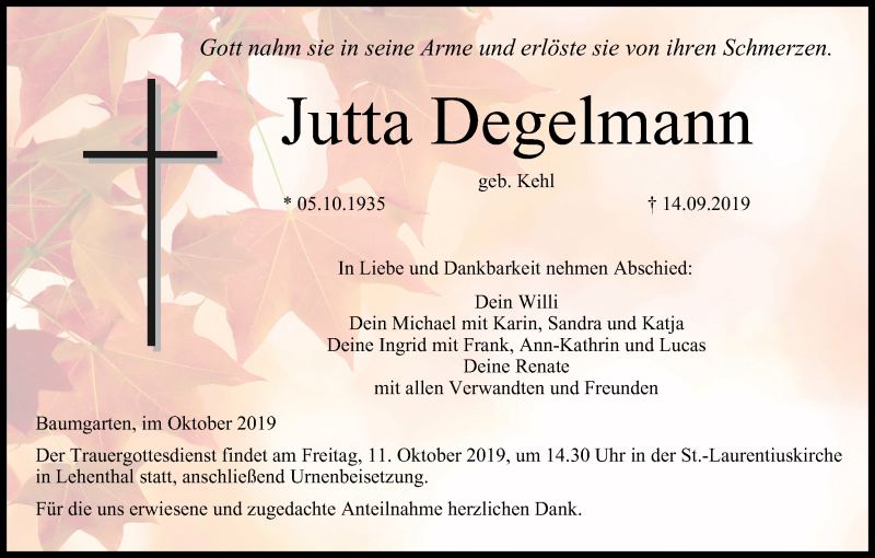  Traueranzeige für Jutta Degelmann vom 09.10.2019 aus MGO