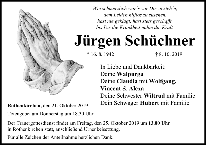  Traueranzeige für Jürgen Schüchner vom 21.10.2019 aus MGO