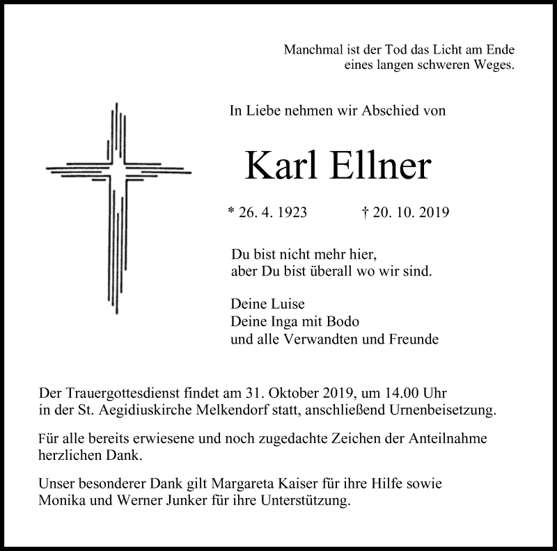  Traueranzeige für Karl Ellner vom 28.10.2019 aus MGO