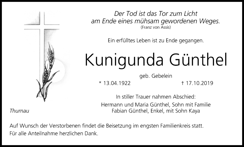  Traueranzeige für Kunigunda Günthel vom 26.10.2019 aus MGO