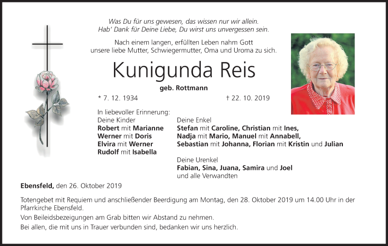  Traueranzeige für Kunigunda Reis vom 26.10.2019 aus MGO