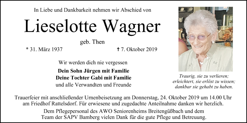  Traueranzeige für Lieselotte Wagner vom 19.10.2019 aus MGO
