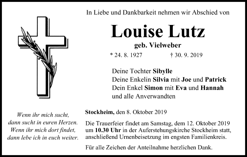  Traueranzeige für Louise Lutz vom 08.10.2019 aus MGO