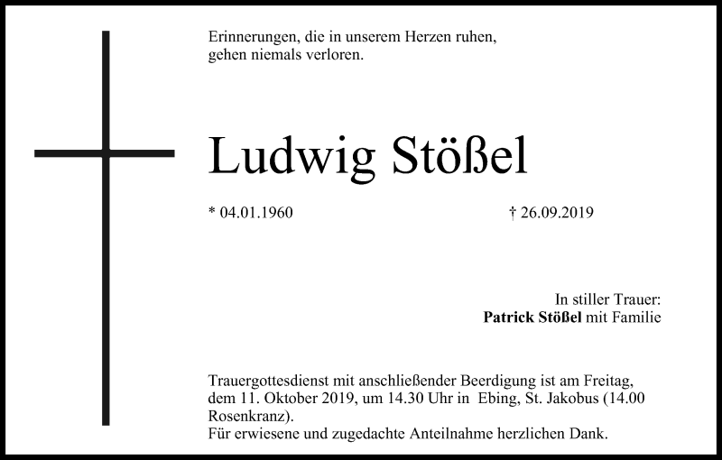  Traueranzeige für Ludwig Stößel vom 10.10.2019 aus MGO