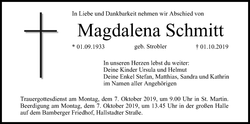  Traueranzeige für Magdalena Schmitt vom 05.10.2019 aus MGO