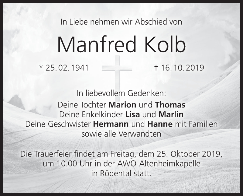  Traueranzeige für Manfred Kolb vom 19.10.2019 aus MGO