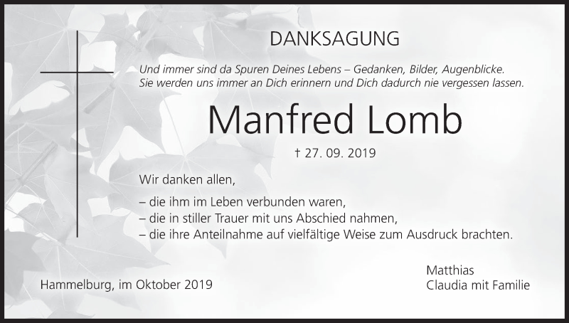 Traueranzeige für Manfred Lomb vom 21.10.2019 aus MGO