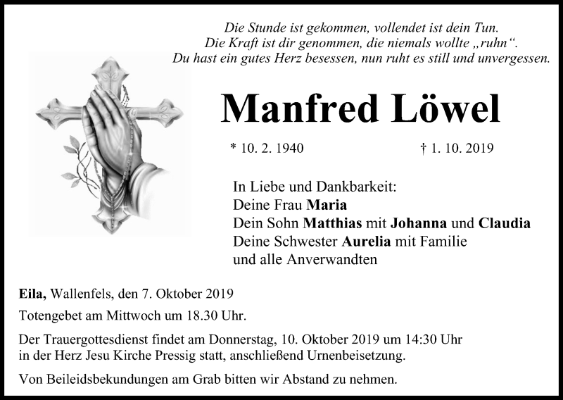  Traueranzeige für Manfred Löwel vom 07.10.2019 aus MGO