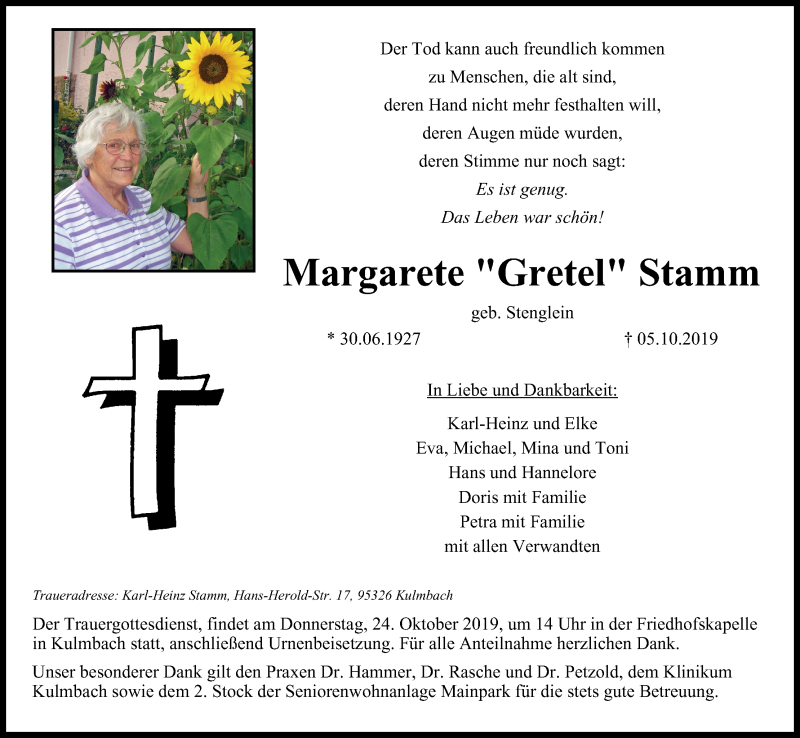  Traueranzeige für Margarete Stamm vom 22.10.2019 aus MGO