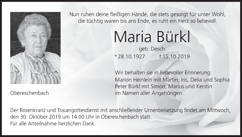  Traueranzeige für Maria Bürkl vom 25.10.2019 aus MGO