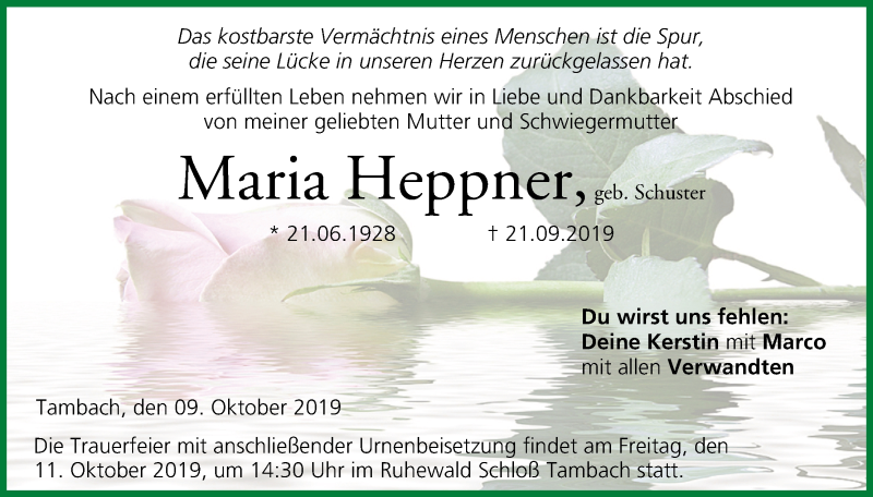  Traueranzeige für Maria Heppner vom 09.10.2019 aus MGO