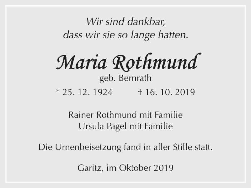  Traueranzeige für Maria Rothmund vom 26.10.2019 aus MGO