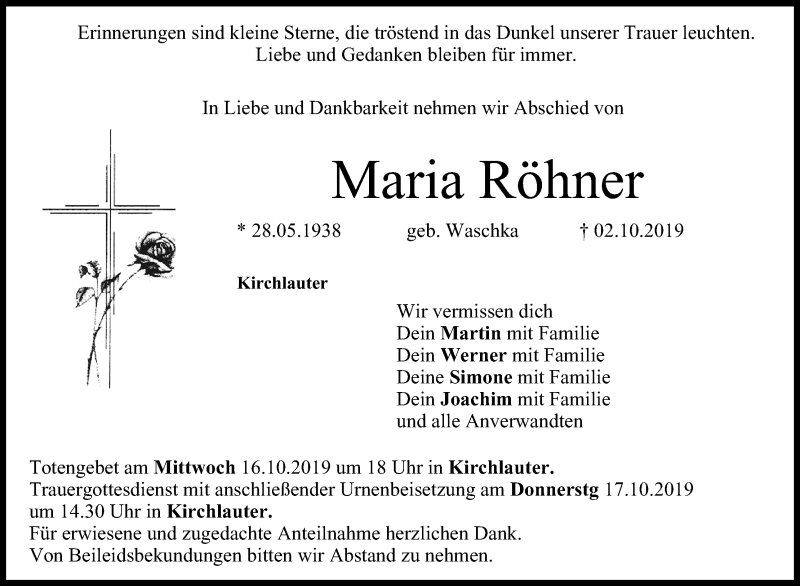  Traueranzeige für Maria Röhner vom 12.10.2019 aus MGO