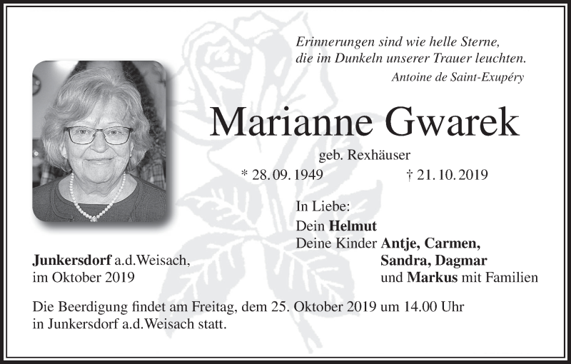  Traueranzeige für Marianne Gwarek vom 24.10.2019 aus MGO