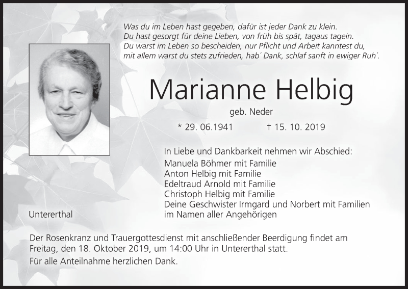  Traueranzeige für Marianne Helbig vom 17.10.2019 aus MGO