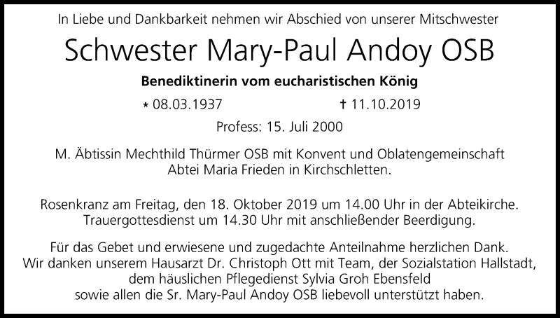  Traueranzeige für Mary-Paul Andoy vom 15.10.2019 aus MGO