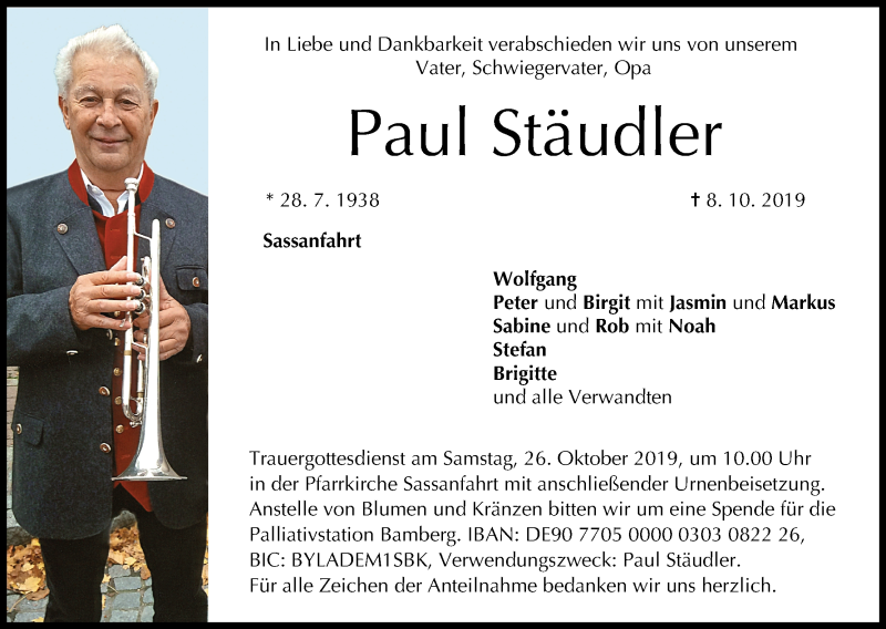  Traueranzeige für Paul Stäudler vom 19.10.2019 aus MGO