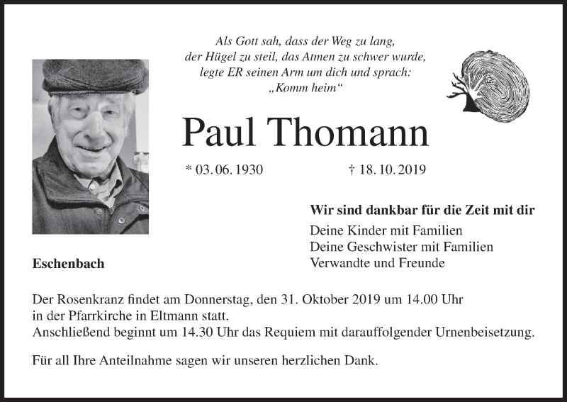  Traueranzeige für Paul Thomann vom 26.10.2019 aus MGO