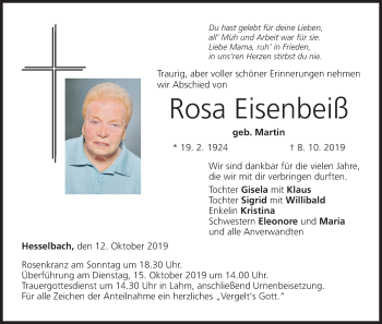 Anzeige von Rosa Eisenbeiß von MGO