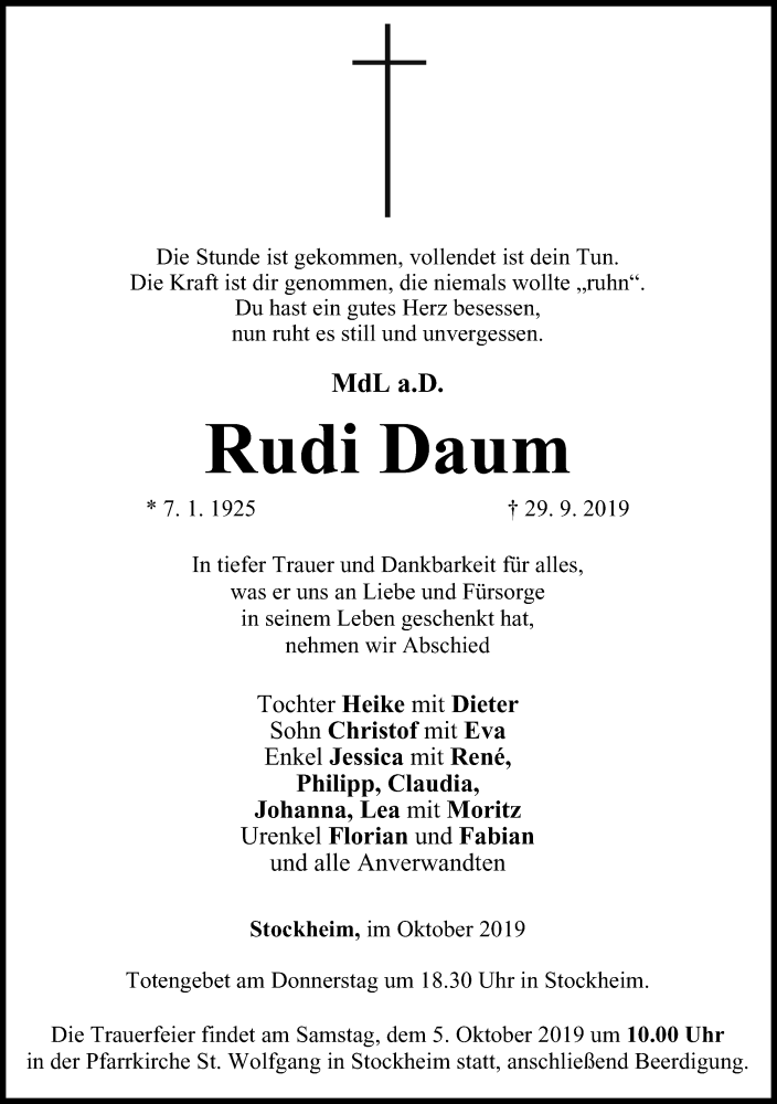  Traueranzeige für Rudi Daum vom 02.10.2019 aus MGO