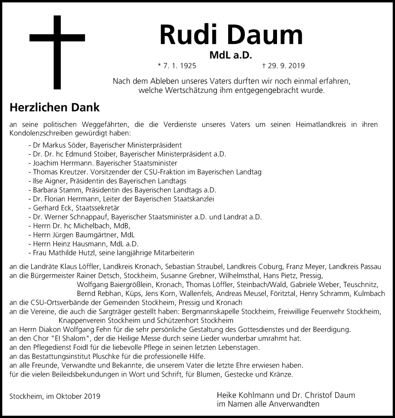  Traueranzeige für Rudi Daum vom 22.10.2019 aus MGO