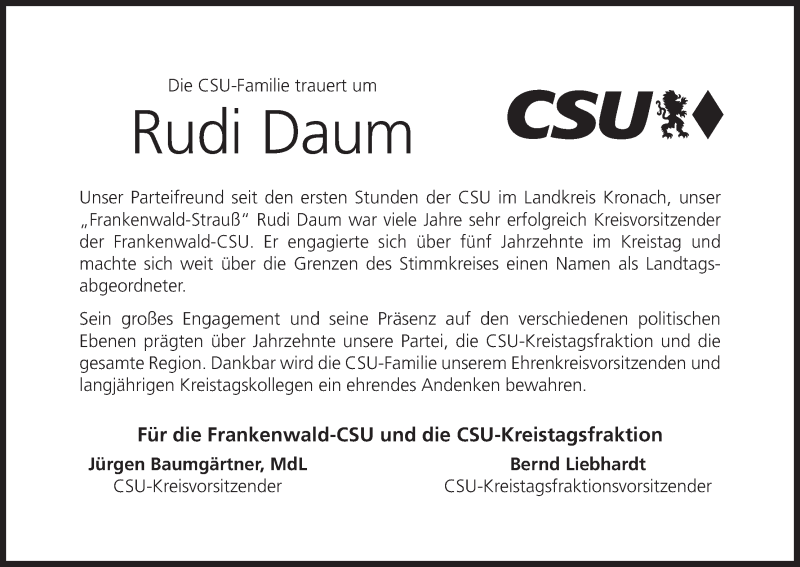  Traueranzeige für Rudi Daum vom 02.10.2019 aus MGO
