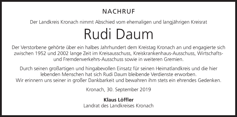  Traueranzeige für Rudi Daum vom 02.10.2019 aus MGO