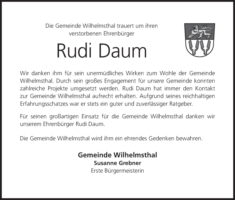  Traueranzeige für Rudi Daum vom 05.10.2019 aus MGO