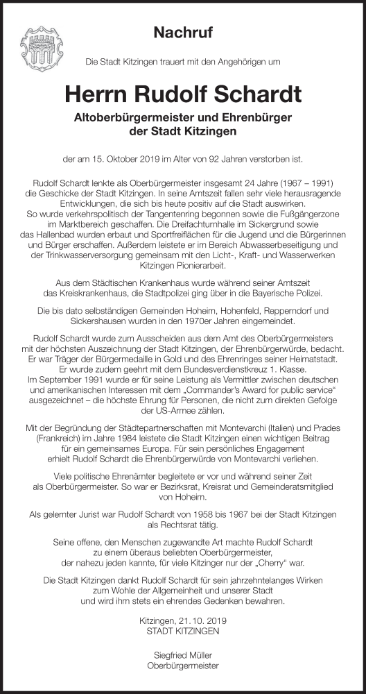  Traueranzeige für Rudolf Schardt vom 23.10.2019 aus MGO