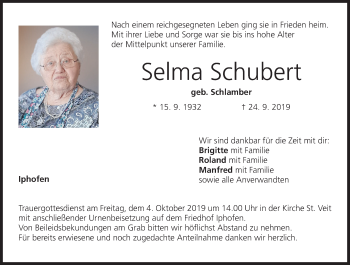 Anzeige von Selma Schubert von MGO