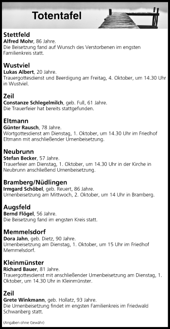 Anzeige von Totentafel vom 01.10.2019 von MGO