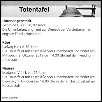 Anzeige von Totentafel vom 01.10.2019 von MGO