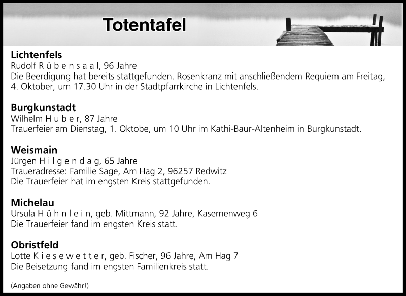  Traueranzeige für Totentafel vom 01.10.2019 vom 01.10.2019 aus MGO