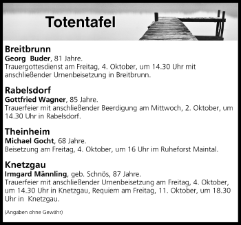 Anzeige von Totentafel vom 02.10.2019 von MGO