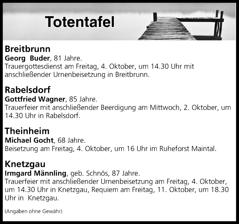  Traueranzeige für Totentafel vom 02.10.2019 vom 02.10.2019 aus MGO