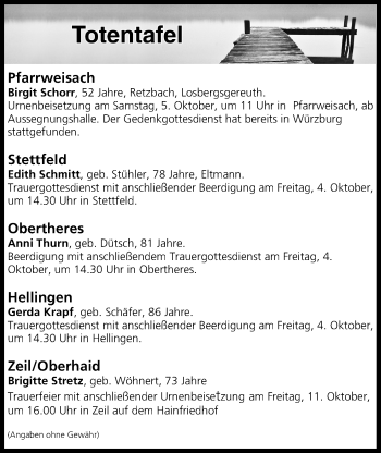 Anzeige von Totentafel vom 03.10.2019 von MGO