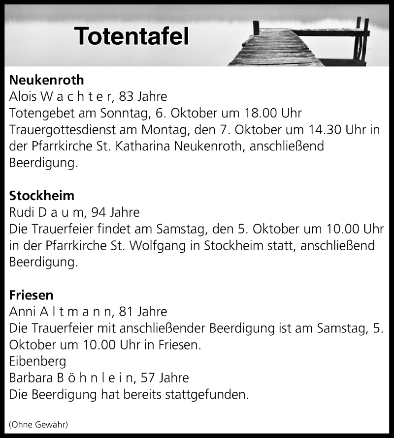  Traueranzeige für Totentafel vom 05.10.2019 vom 05.10.2019 aus MGO