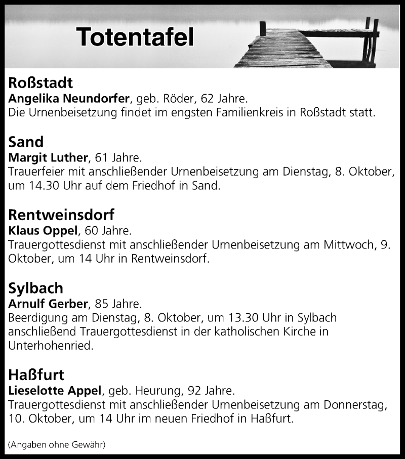  Traueranzeige für Totentafel vom 08.10.2019 vom 08.10.2019 aus MGO