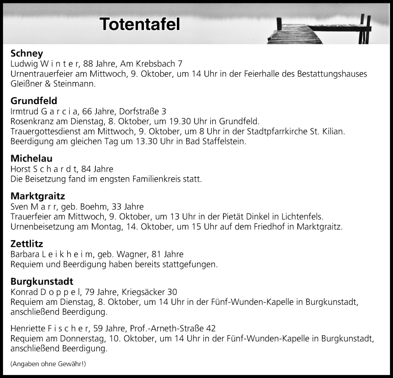 Traueranzeige für Totentafel vom 08.10.2019 vom 08.10.2019 aus MGO