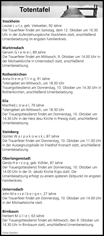 Anzeige von Totentafel vom 09.10.2019 von MGO