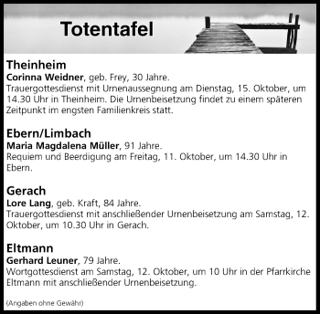 Anzeige von Totentafel vom 10.10.2019 von MGO