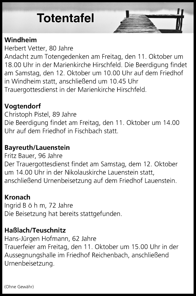  Traueranzeige für Totentafel vom 11.10.2019 vom 11.10.2019 aus MGO