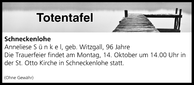  Traueranzeige für Totentafel vom 12.10.2019 vom 12.10.2019 aus MGO