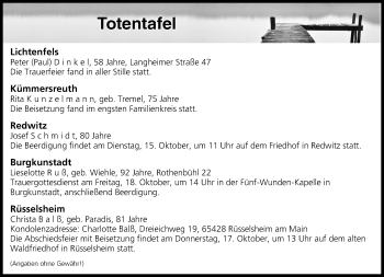 Anzeige von Totentafel vom 15.10.2019 von MGO