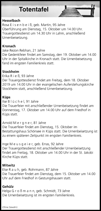 Anzeige von Totentafel vom 15.10.2019 von MGO