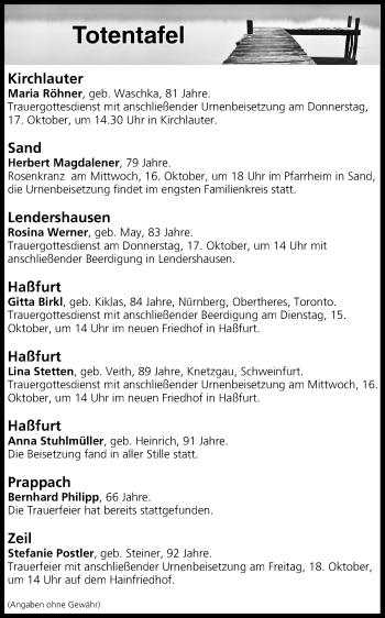 Anzeige von Totentafel vom 15.10.2019 von MGO