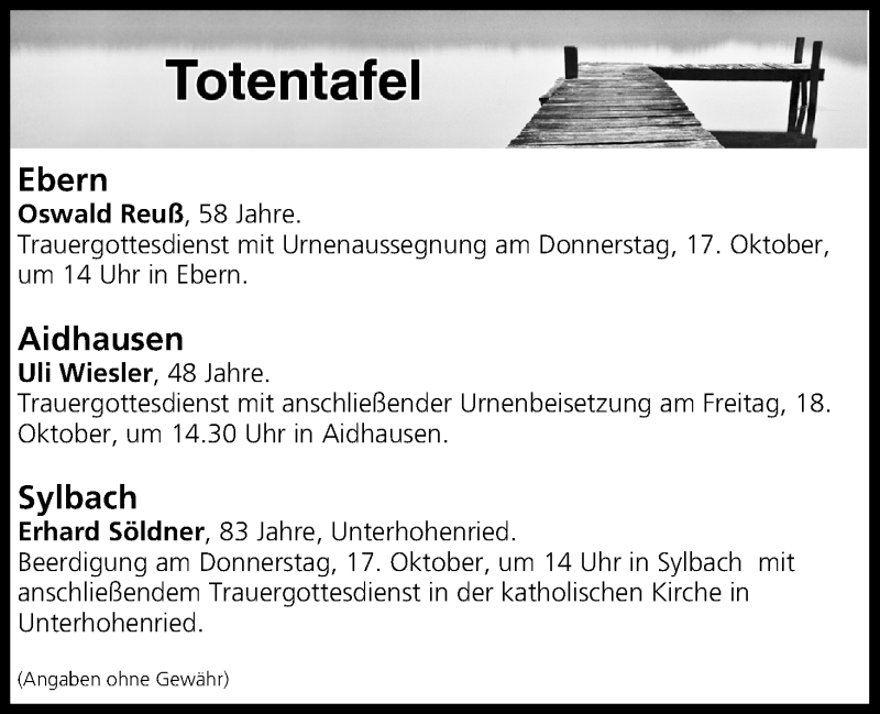  Traueranzeige für Totentafel vom 16.10.2019 vom 16.10.2019 aus MGO