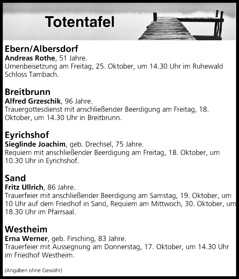  Traueranzeige für Totentafel vom 17.10.2019 vom 17.10.2019 aus MGO